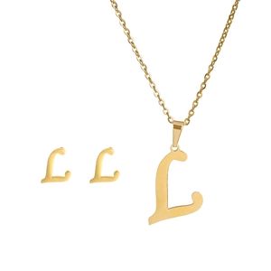 Detailed set of gold plated cursive L letter pendant necklace and matching stud earrings