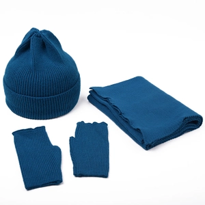 Three-piece winter knit set with dark blue beanie, scarf, and fingerless gloves