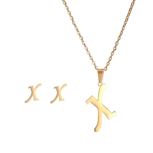 Polished gold alphabet X pendant necklace and matching stud earrings jewelry set