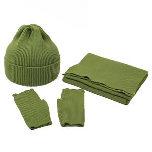 Olive green rib-knit set with beanie, long scarf, and fingerless gloves on white background