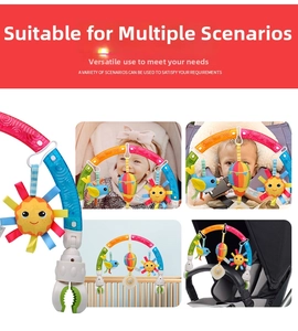 Adjustable baby stroller arch toy with colorful hanging bird and sun plush pendants
