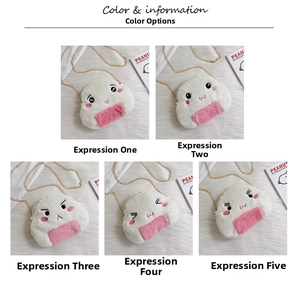 Detail view of five plush onigiri crossbody bags with varied embroidered facial expressions