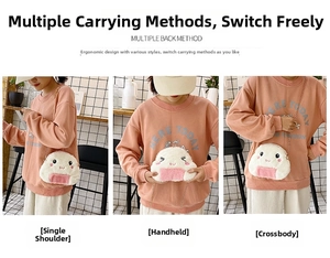 Plush rice ball bag shown in three styles: shoulder bag, handbag, and crossbody usage