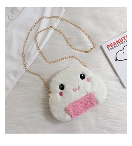 Close-up of soft plush rice ball bag with pink embroidery and golden chain strap