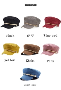 Detail of corduroy octagonal hats in seven colors with braided rope and metal buttons