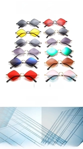 Detail of trendy diamond-shaped metal sunglasses with colorful high-transparency lenses