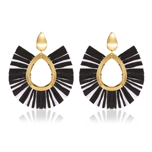 Exaggerated fan-shaped tassel earrings with gold hollow frame and woven fringe
