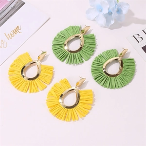 Bohemian teardrop fan-shaped earrings with colorful raffia tassels in yellow and green
