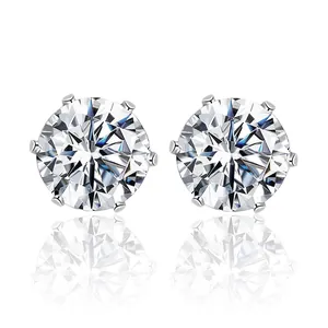 Classic Round Cubic Zirconia Stud Earrings Copper With Stainless Steel Earring Post 6-Prong Minimalist Jewelry For Women Men
