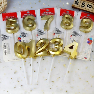 Close-up of golden number 0-9 birthday candles with metallic finish in retail packaging