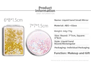 Detail view of liquid quicksand makeup mirrors with dimensions 7x7cm and 6x8cm