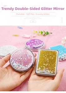 Detail of glitter quicksand pocket mirror showing 180-degree flip in various colors