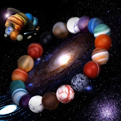 Detail of solar system planet beads bracelet featuring colorful natural stones on galaxy background