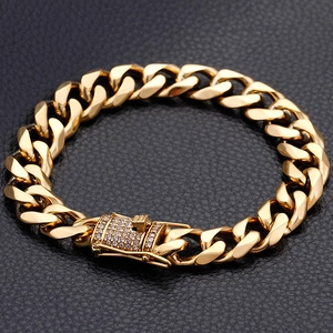 Men's 13mm gold stainless steel Cuban link bracelet with iced out diamond pave clasp