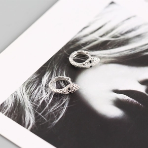Detailed view of silver snake-shaped hoop earrings with scaly texture on artistic card