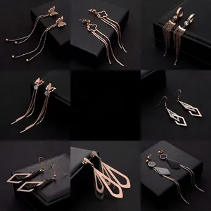 Pendientes de Borla Larga de Acero Inoxidable de Moda Coreana Oro Rosa Estrás Pendientes Colgantes Para Mujer Joyería Elegante