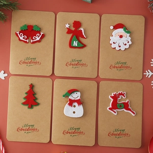 Set of 6 vintage Kraft paper Christmas cards with handmade felt pins and festive envelopes