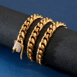 Gold stainless steel Cuban link bracelet with sparkling diamond-set box clasp for men