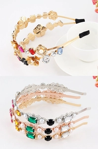 Detailed macro view of bohemian alloy headbands with colorful crystals and pearls