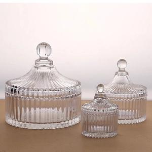 European Retro Fluted Glass Storage Jar With Lid Ribbed Clear Lead-Free Sugar Bowl Decorative Jewelry Box Elegant Desktop