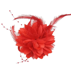 Red flower hair accessory with feathers and beads for dance performances and weddings