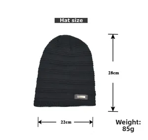 Size specifications for black knitted beanie with dimensions and logo detail