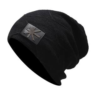 Black knitted beanie hat for men and women with square star patch for winter outdoor warmth