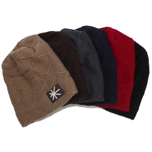 Knitted beanies in multiple colors with waffle texture and star patch for winter warmth