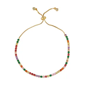Colorful gemstone tennis bracelet with golden adjustable slider clasp and vibrant zircons