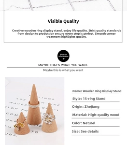 Detailed view of cone-shaped solid beech wood ring stands with natural grain texture