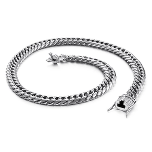 Classic silver stainless steel Cuban link necklace with rhinestone buckle detail