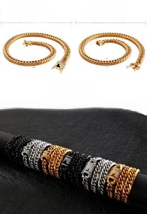 Detail of 12mm stainless steel cuban link necklaces in gold, silver and black finishes