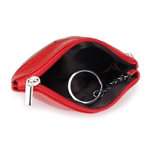 Genuine red leather coin purse with metal keychain and secure zipper closure