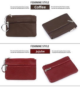 Detail of coffee and jujube leather coin purses with zipper pockets and key rings
