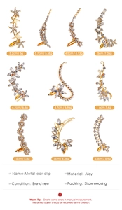Detail view of alloy ear clips with crystal rhinestones showing dimensions and weight