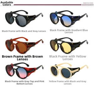 Six vintage steampunk round sunglasses with side leather shields in multiple colors
