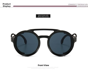 Front view of retro round punk sunglasses with black frame and dark grey lenses