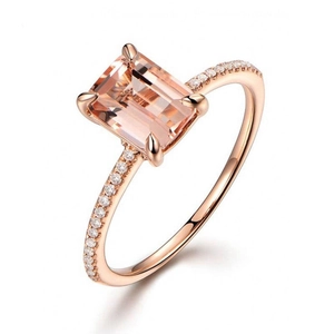 18K rose gold plated engagement ring set featuring emerald cut pink gemstone and zircons