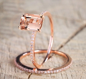 Elegant Rose Gold Plated Emerald Cut Rhinestone Ring Set For Women Micro Pave Wedding Engagement Finger Band Jewelry Gift