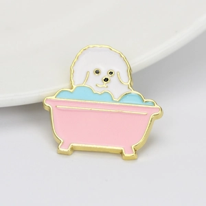 Cute cartoon puppy in pink bathtub enamel brooch made of zinc alloy with gold finish