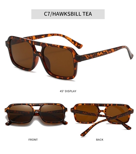 Three views of retro double bridge square sunglasses in Hawksbill Tea finish