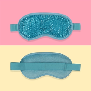Blue gel bead eye mask for hot cold therapy with soft plush backing and elastic strap