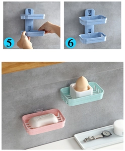 Detail showing wall-mounted soap dish installation steps and multi-color usage scenario
