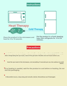 Guide for cooling and heating gel eye mask showing microwave and fridge usage instructions