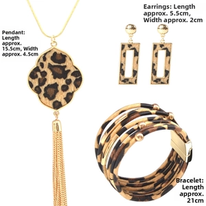Leopard print jewelry set with tassel necklace, earrings, and multi-layer bracelet details
