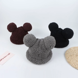 Winter plush hats with bear ears in brown, black, and grey, cozy faux fur for kids
