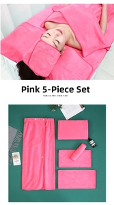Pink 5-piece microfiber spa set with wrap robe, headband, and absorbent towels