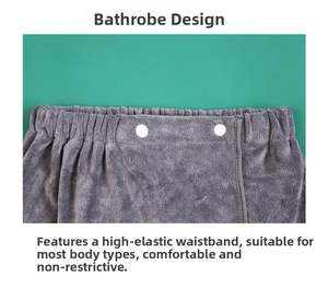Detail of dark gray microfiber spa bath wrap with elastic waistband and button closure