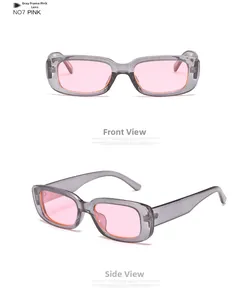 Detailed front and side views of vintage rectangular sunglasses with gray frames and pink lenses