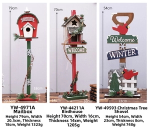 Detailed view of wooden Christmas mailbox and birdhouse ornaments with pine and berry accents